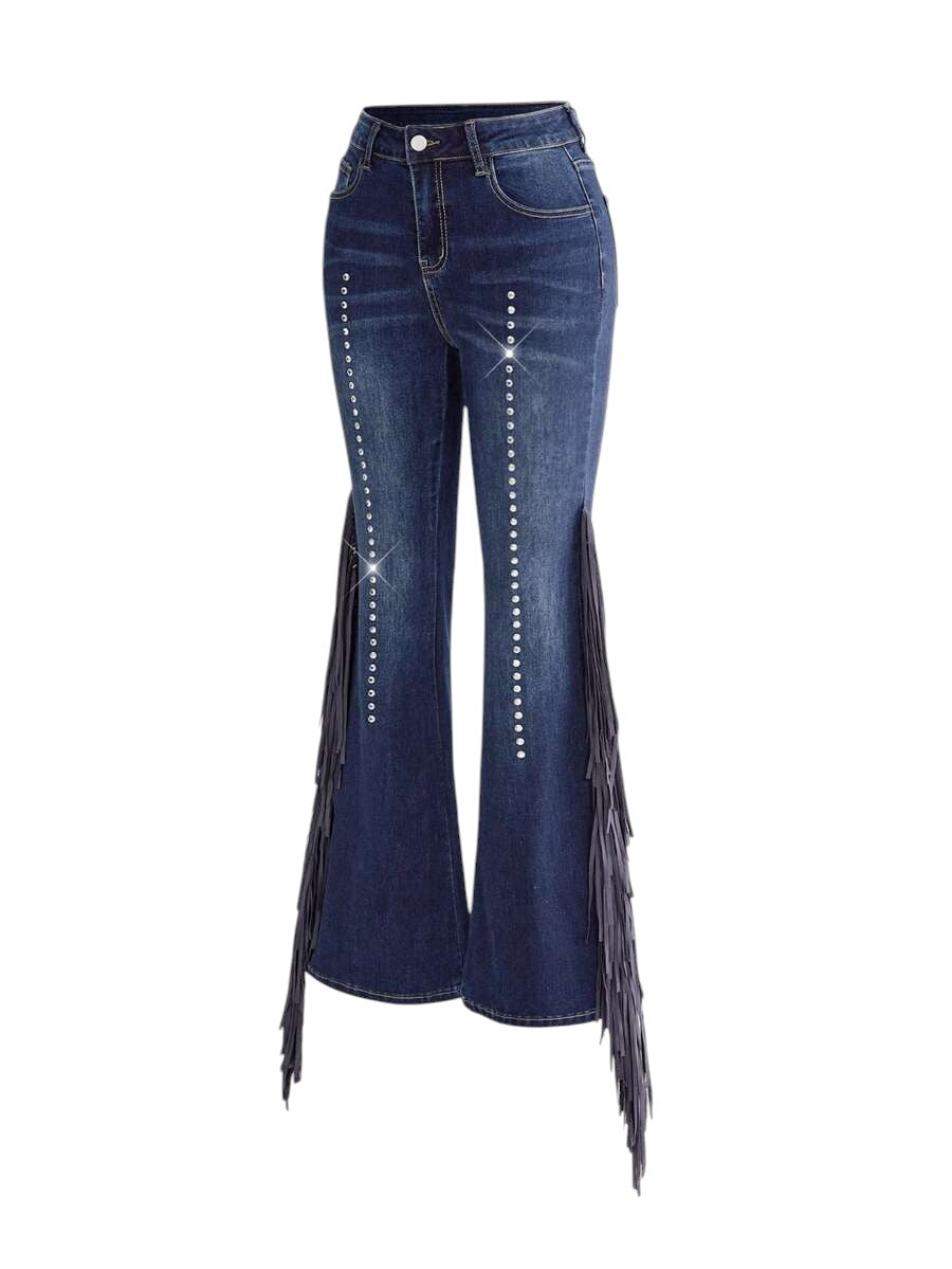 Women's Vintage Wash Side Tassel Rivet Low Rise Denim Jeans