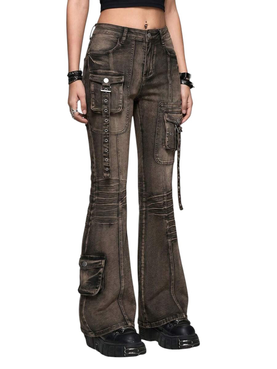 Black Grunge Punk Super Low Rise Distressed Flare Jeans