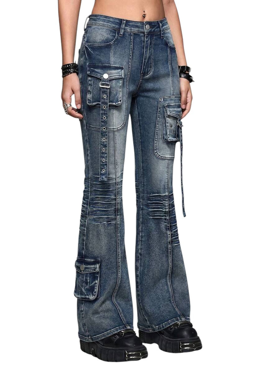 Blue Distressed Grommet Cargo Pocket Flare Jeans for Women