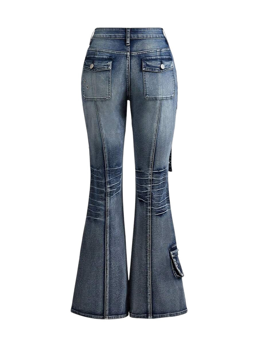 Blue Distressed Grommet Cargo Pocket Flare Jeans for Women