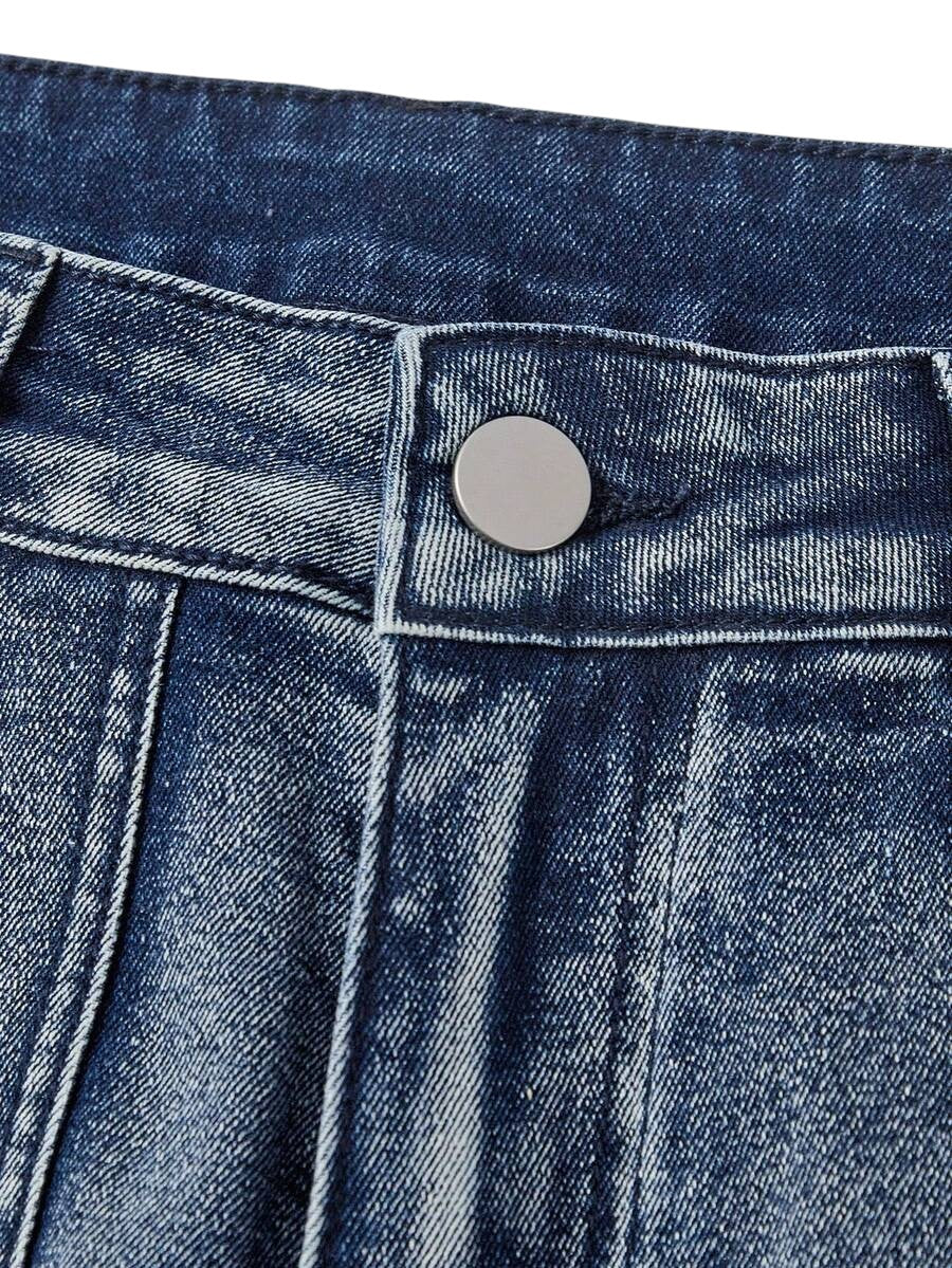 Blue Distressed Grommet Cargo Pocket Flare Jeans for Women