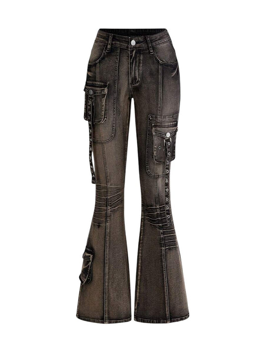 Black Grunge Punk Super Low Rise Distressed Flare Jeans
