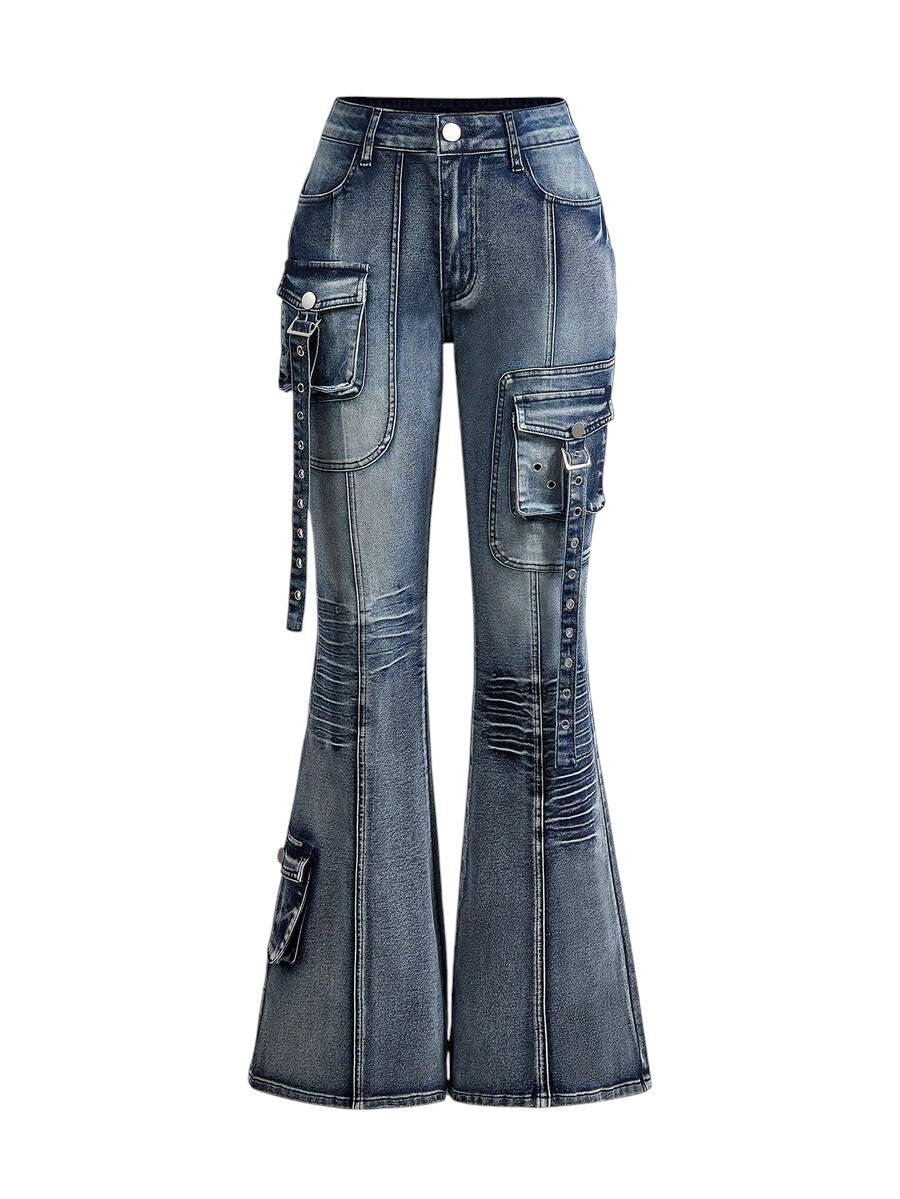 Blue Distressed Grommet Cargo Pocket Flare Jeans for Women
