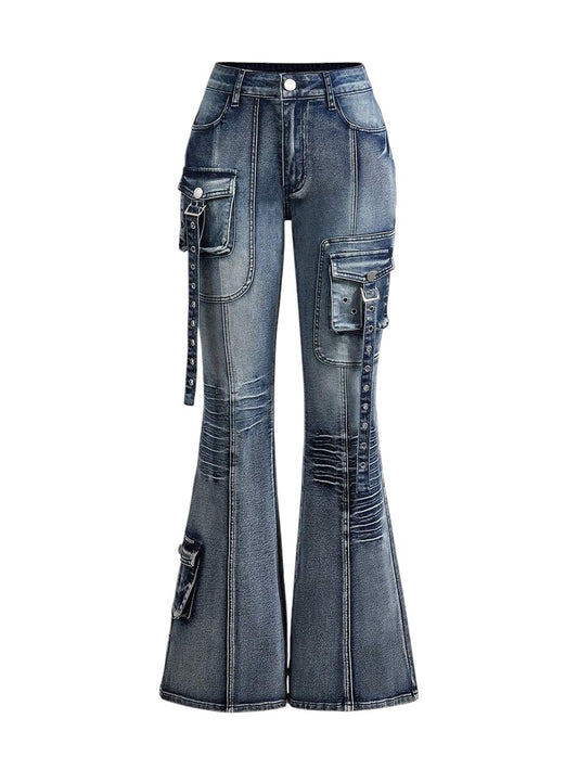Blue Distressed Grommet Cargo Pocket Flare Jeans for Women