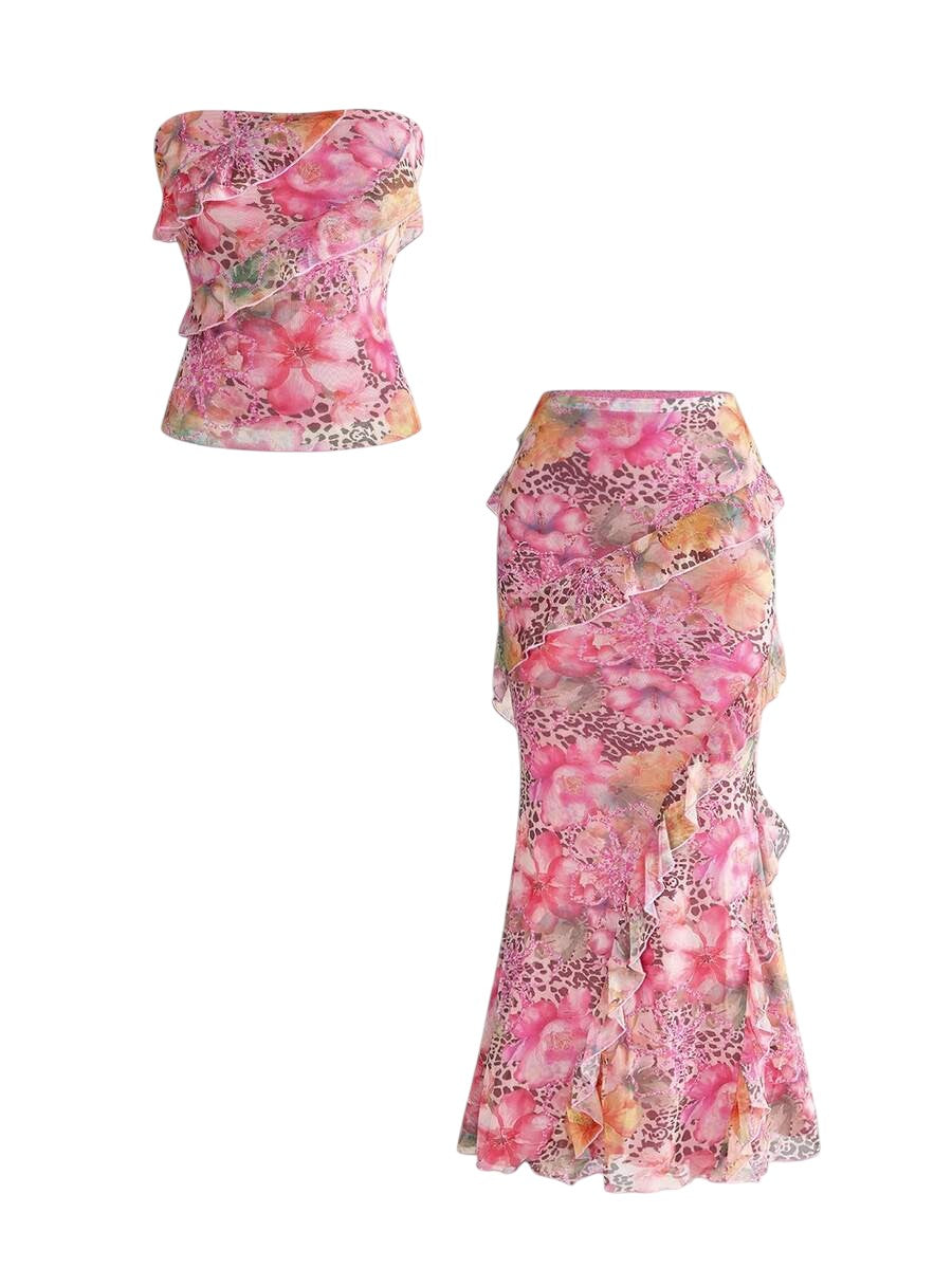 French Riviera Ruffle Tube Top & Mermaid Maxi Skirt Vacation Co-Ord Set