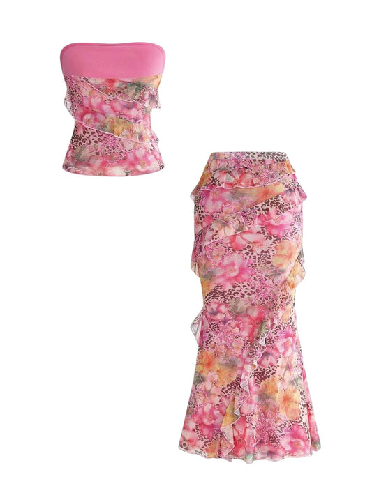French Riviera Ruffle Tube Top & Mermaid Maxi Skirt Vacation Co-Ord Set