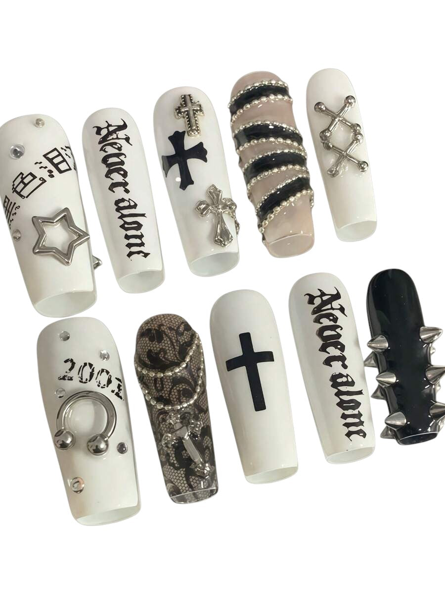 20pcs Y2K White Cross Letter French Tip Press-On Nails Set