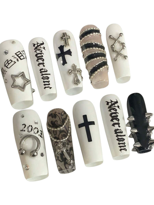 20pcs Y2K White Cross Letter French Tip Press-On Nails Set