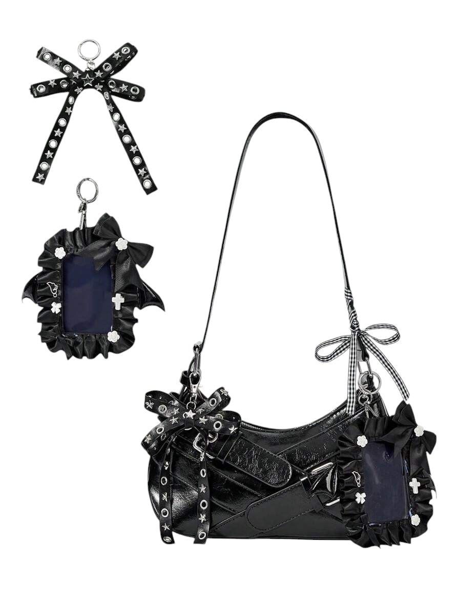 Women's Vintage Heart Charm Bow Accent Underarm Shoulder Bag