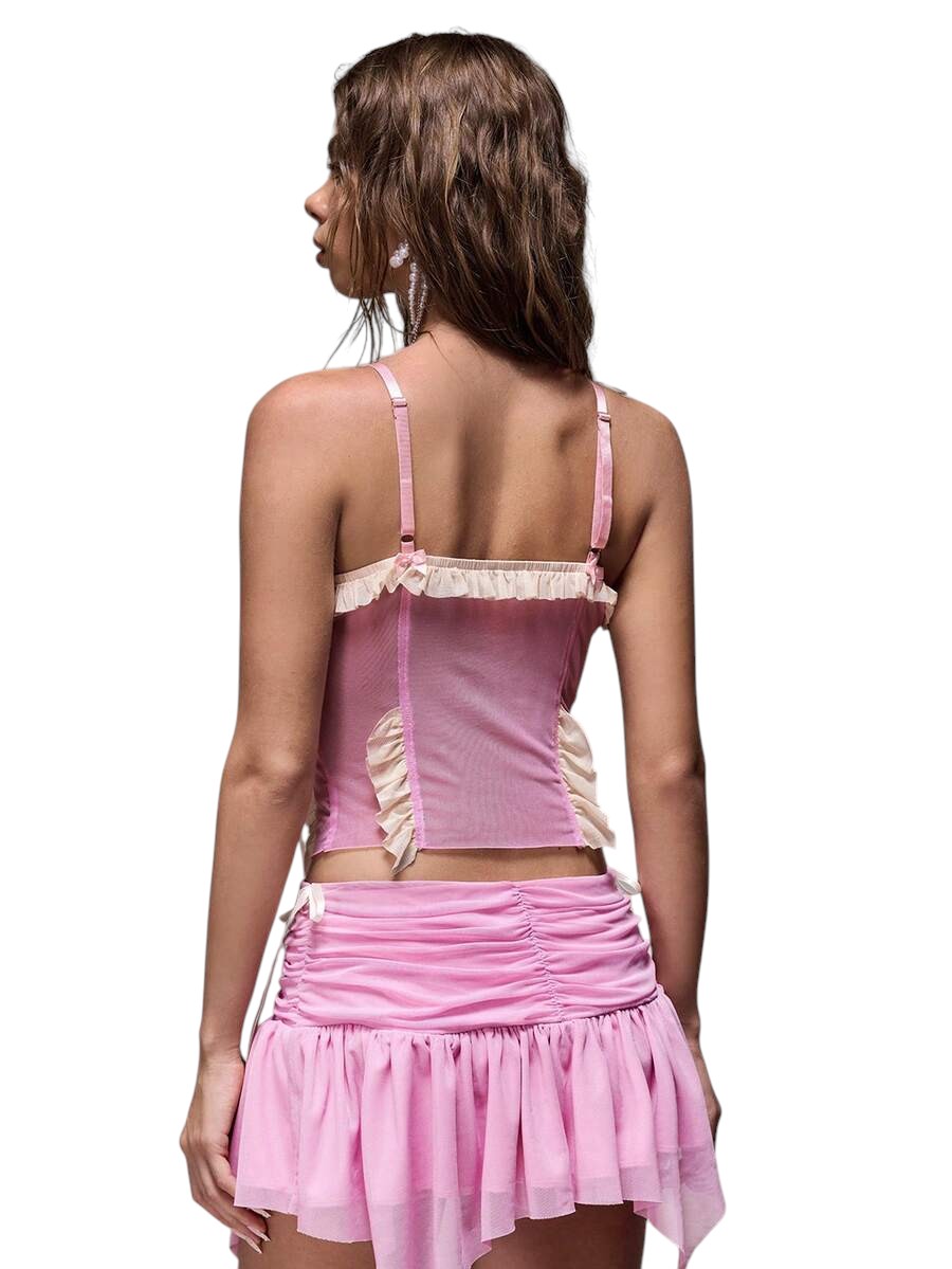 Romantic Palace Lace Bow Camisole & Ruffle Mini Skirt Co-Ord Set