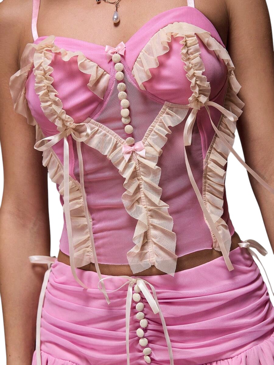 Romantic Palace Lace Bow Camisole & Ruffle Mini Skirt Co-Ord Set