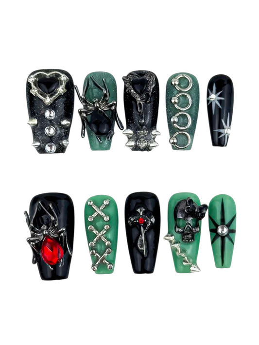 20pcs Gothic Skull Spider Cross Press-On Nails Set with Rivet Details