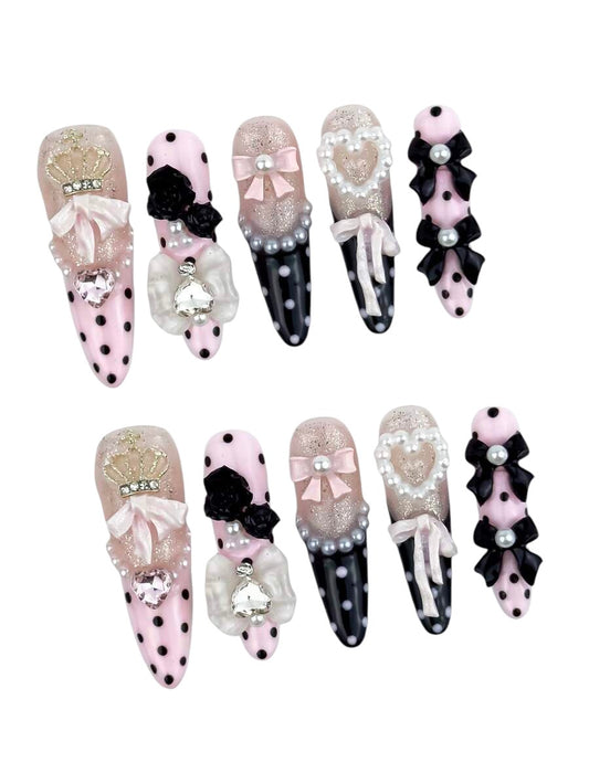 20pcs Y2K Glitter Bow Heart Polka Dot Press-On Nails Set