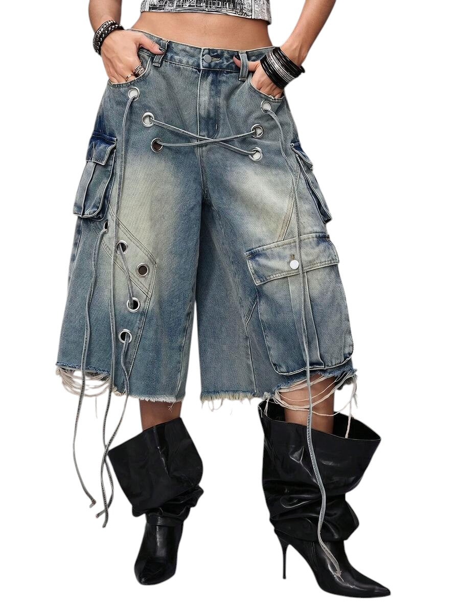 Blue Oversized Distressed Low Rise Denim Capri Pants