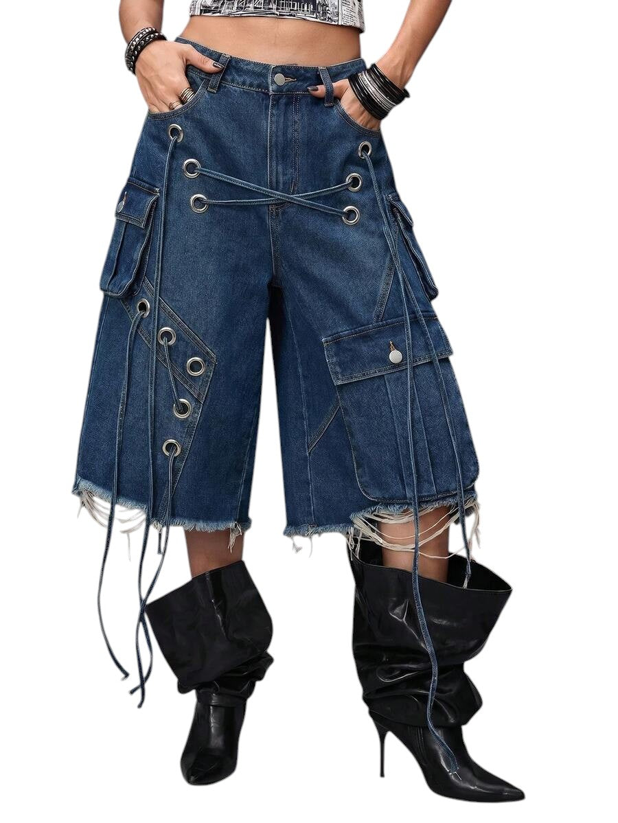 Dark Wash Heavy Distressed Low Rise Denim Capri Pants