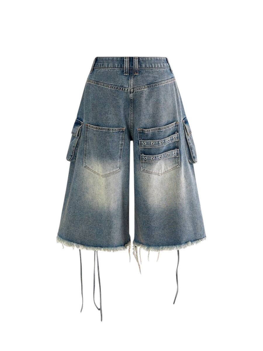 Blue Oversized Distressed Low Rise Denim Capri Pants