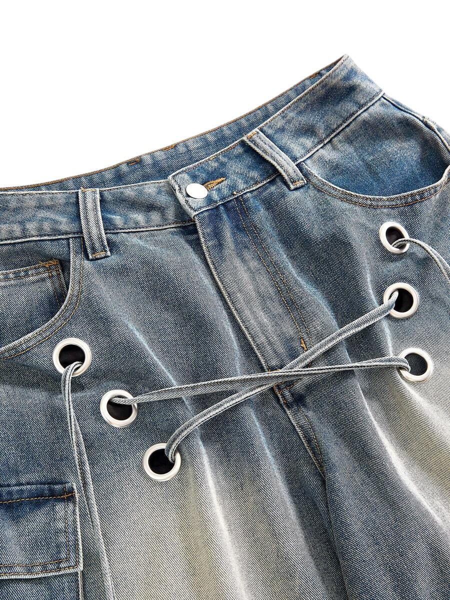Blue Oversized Distressed Low Rise Denim Capri Pants