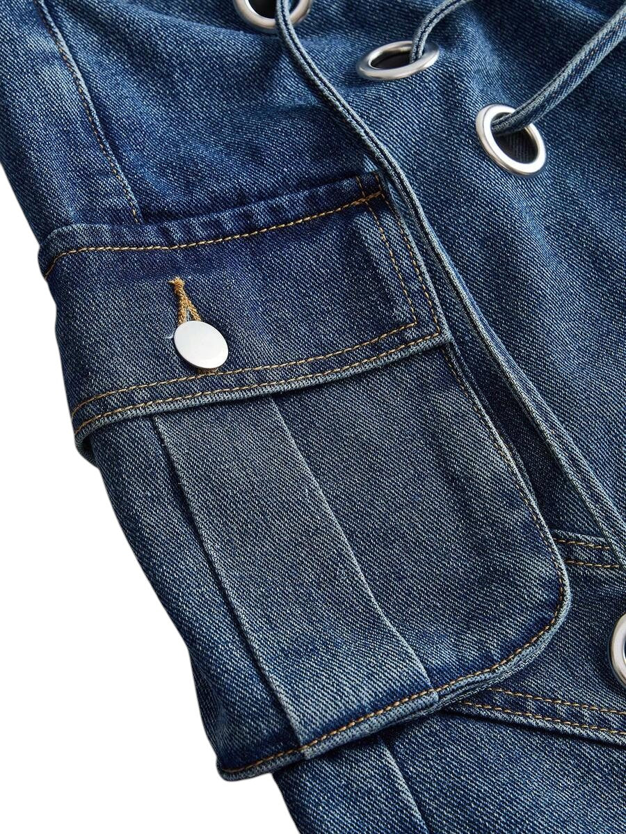 Dark Wash Heavy Distressed Low Rise Denim Capri Pants
