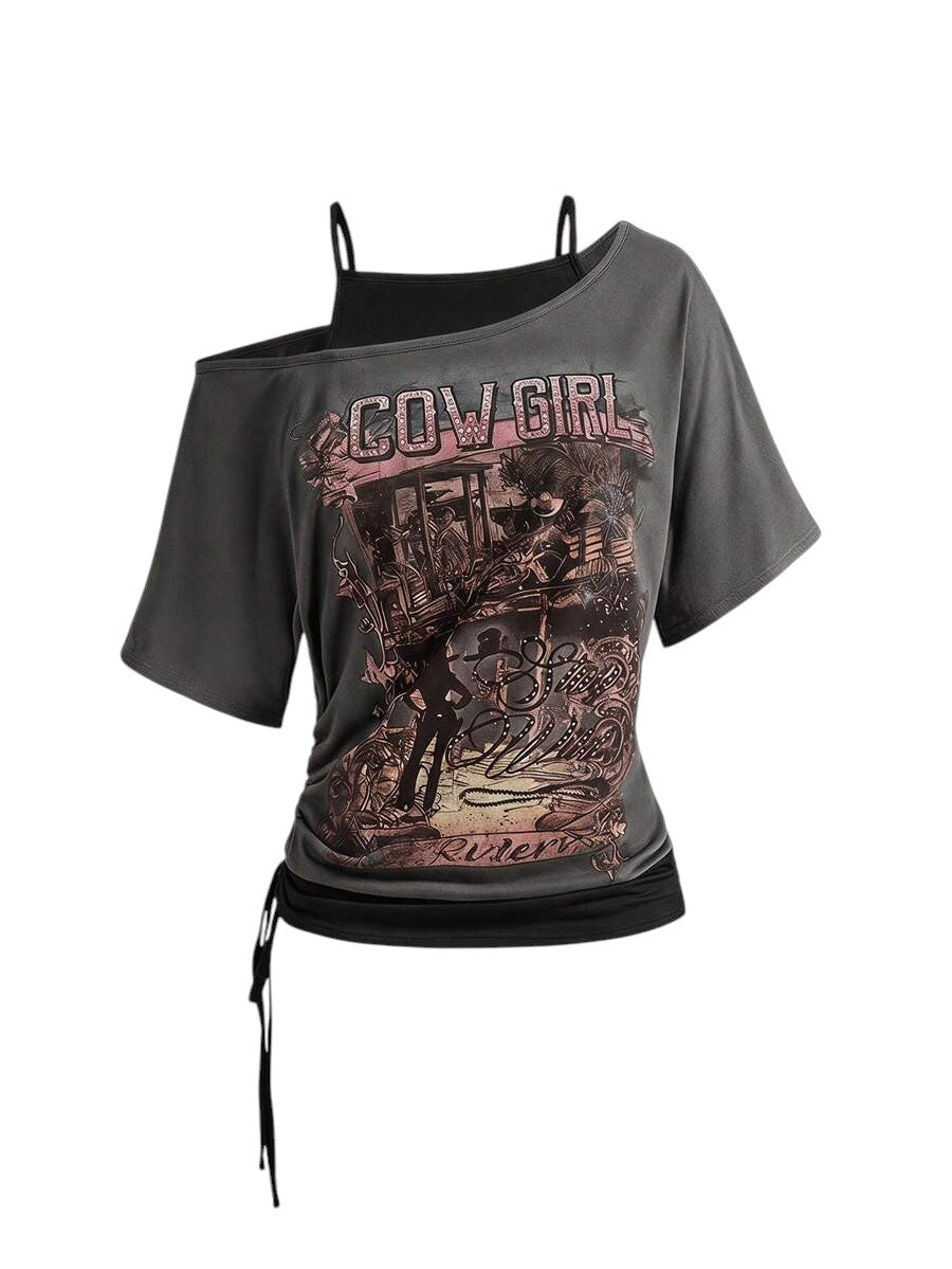Women's Grey Western Cowboy Print Asymmetrical 2-In-1 T-Shirt