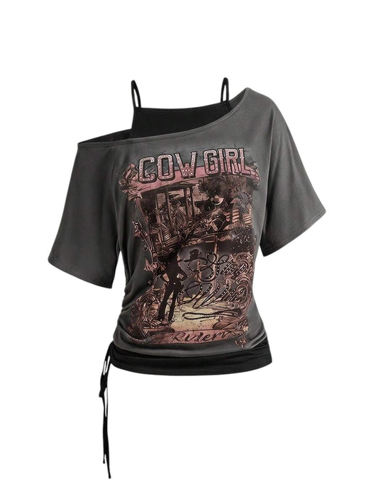 Women's Grey Western Cowboy Print Asymmetrical 2-In-1 T-Shirt