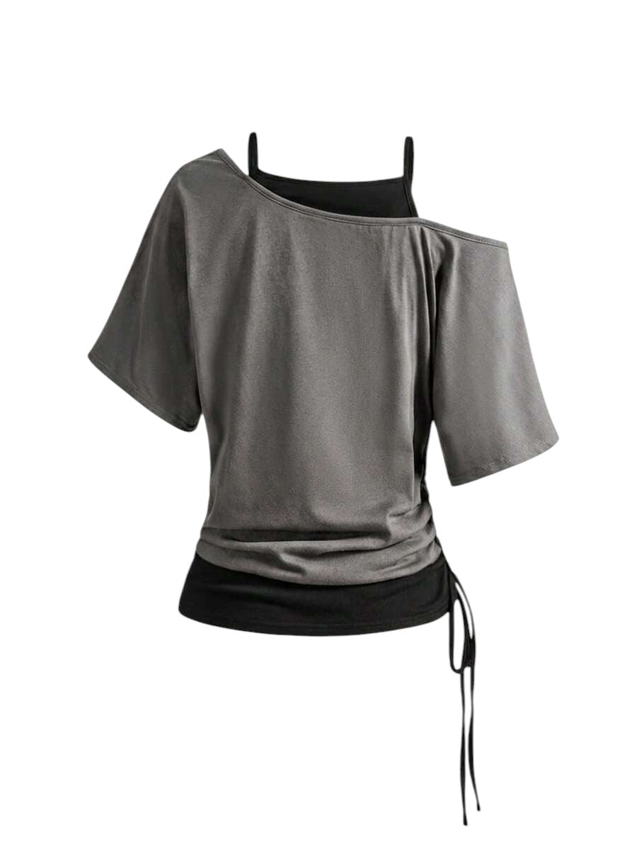 Women's Grey Western Cowboy Print Asymmetrical 2-In-1 T-Shirt