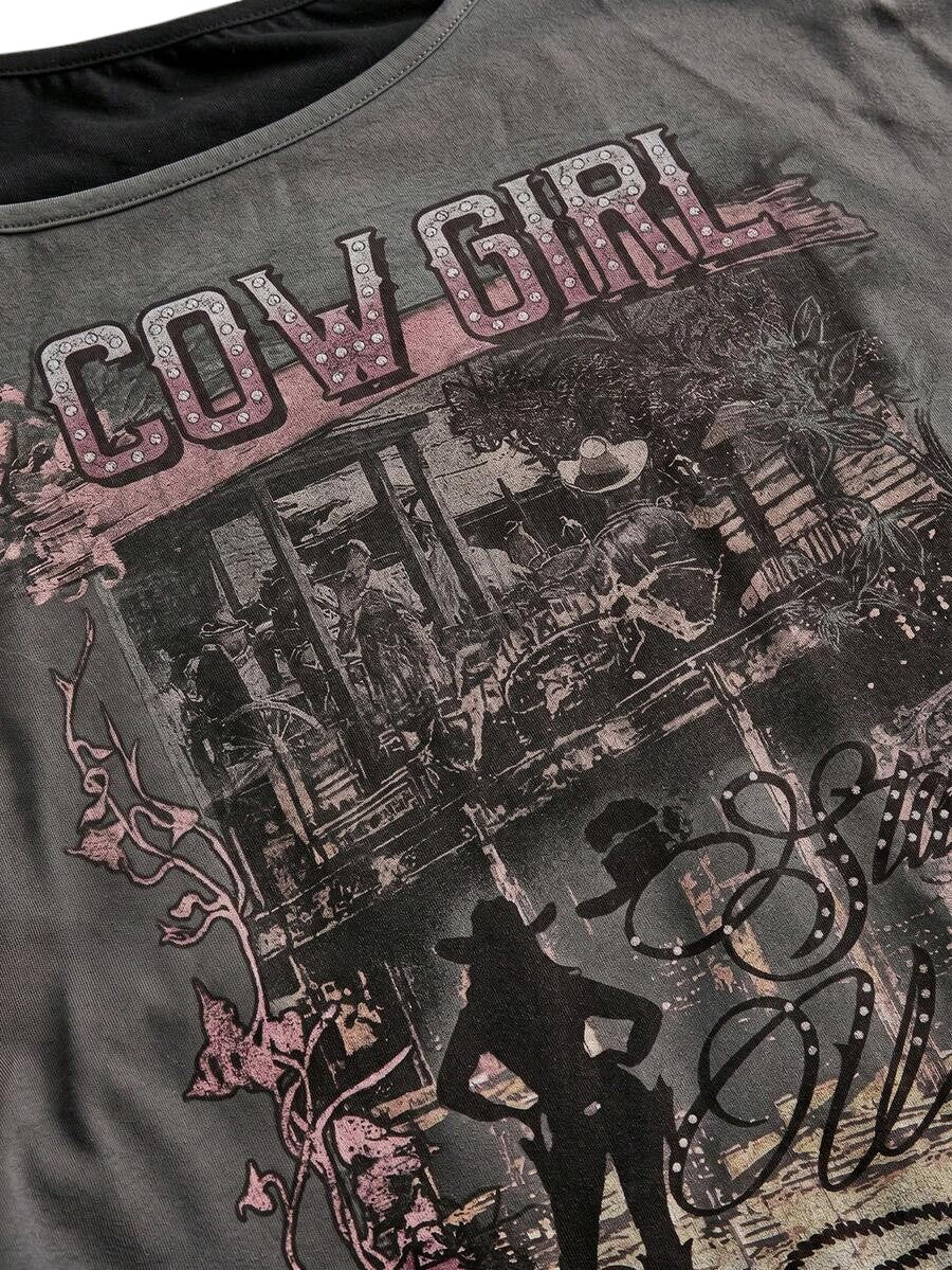 Women's Grey Western Cowboy Print Asymmetrical 2-In-1 T-Shirt