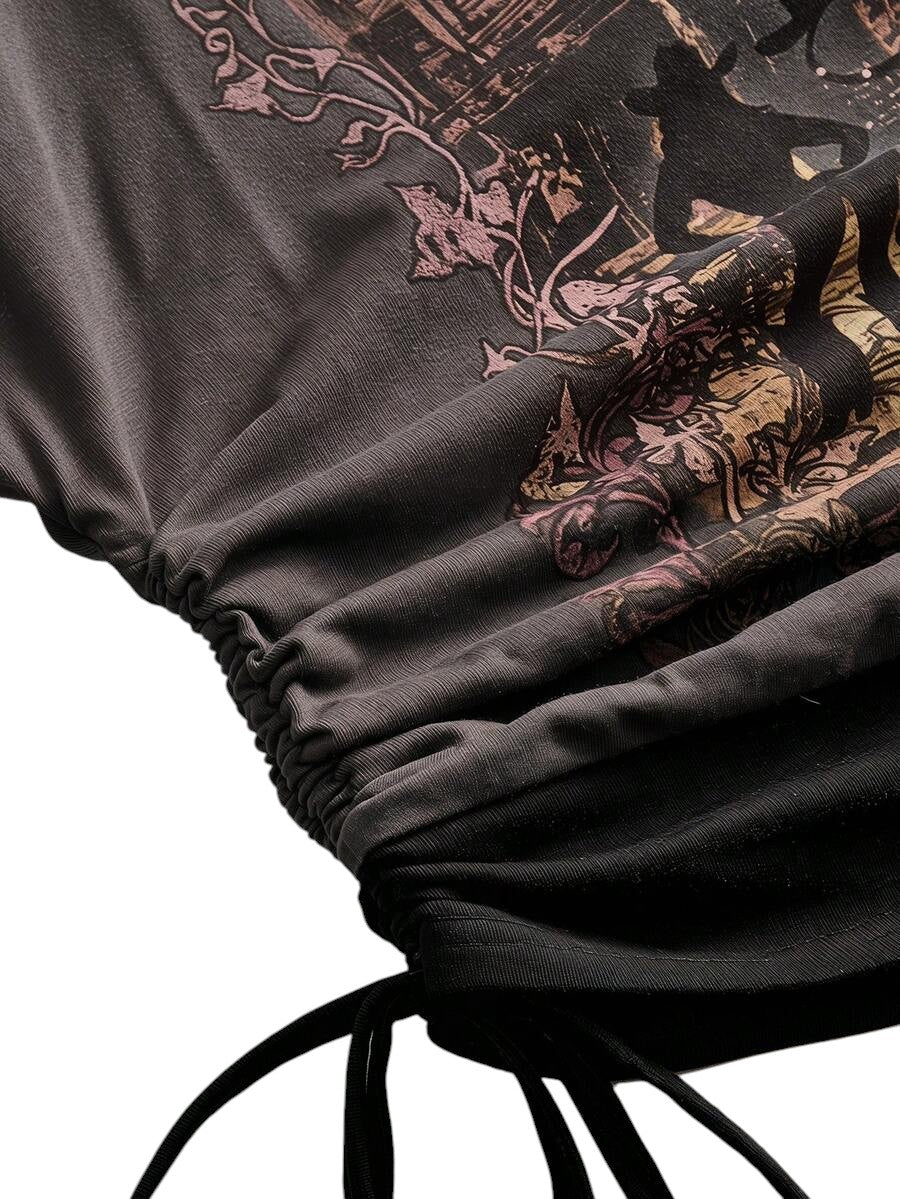 Women's Grey Western Cowboy Print Asymmetrical 2-In-1 T-Shirt