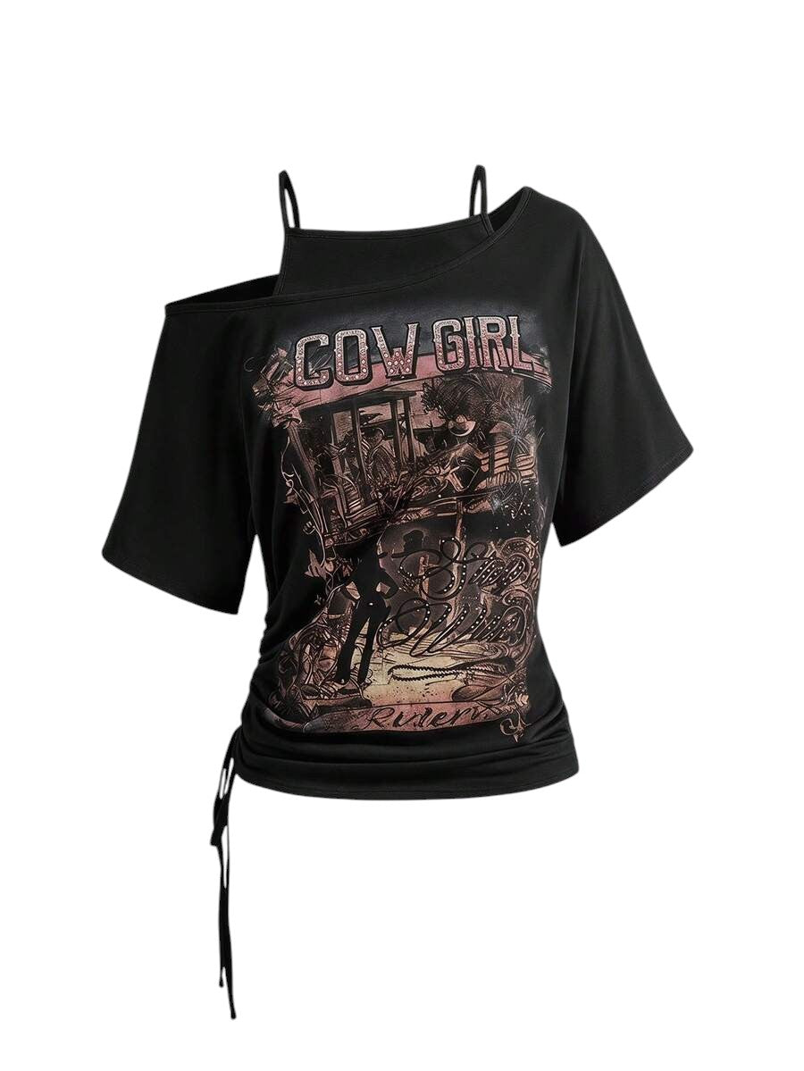 Women's Black Western Cowboy Print Asymmetrical 2-In-1 T-Shirt