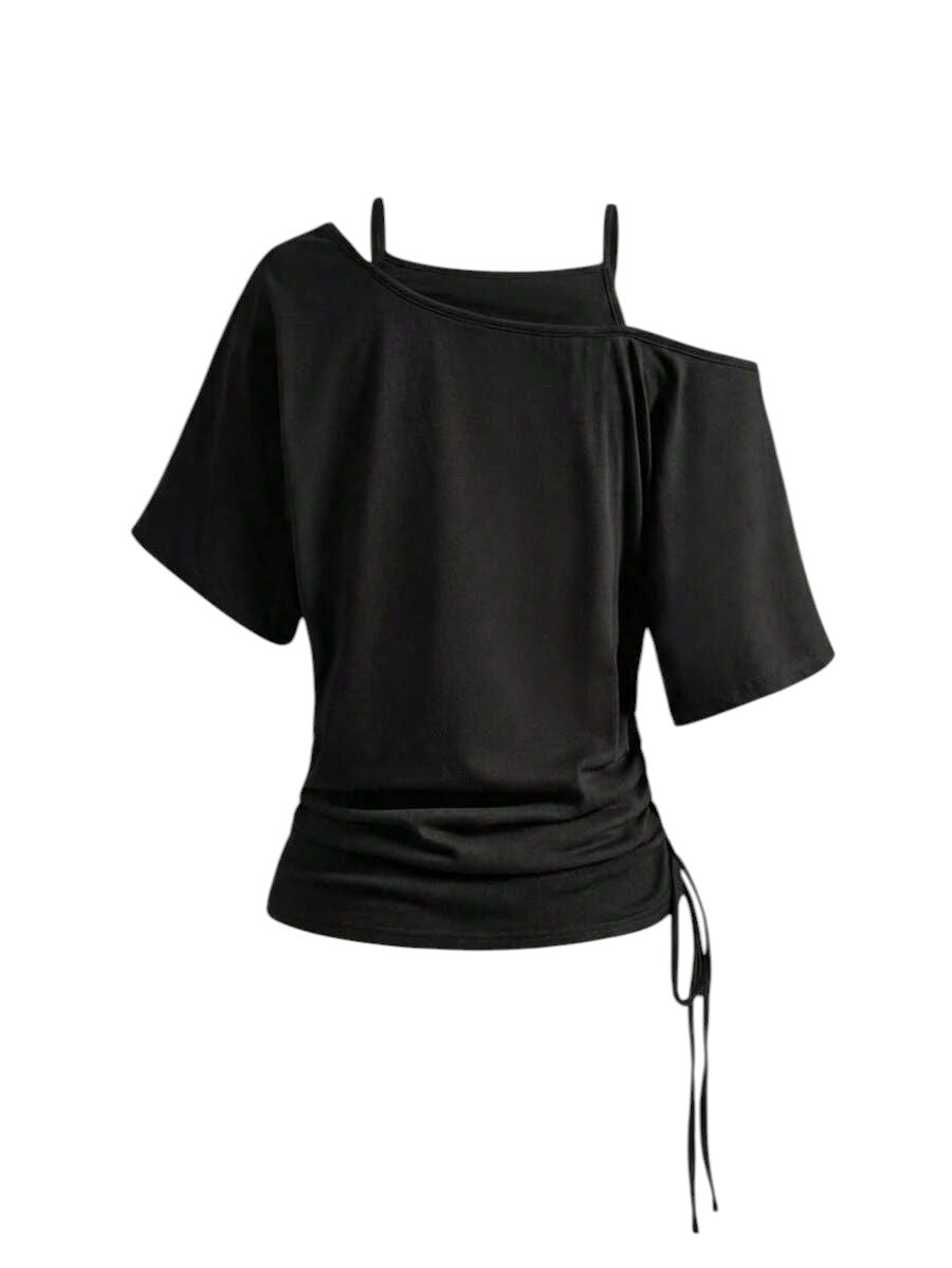 Women's Black Western Cowboy Print Asymmetrical 2-In-1 T-Shirt