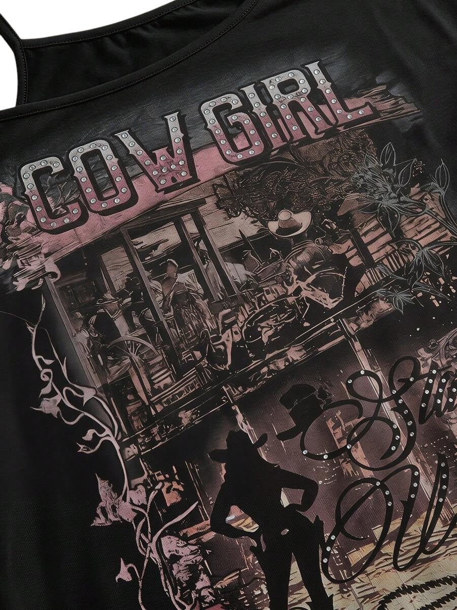 Women's Black Western Cowboy Print Asymmetrical 2-In-1 T-Shirt