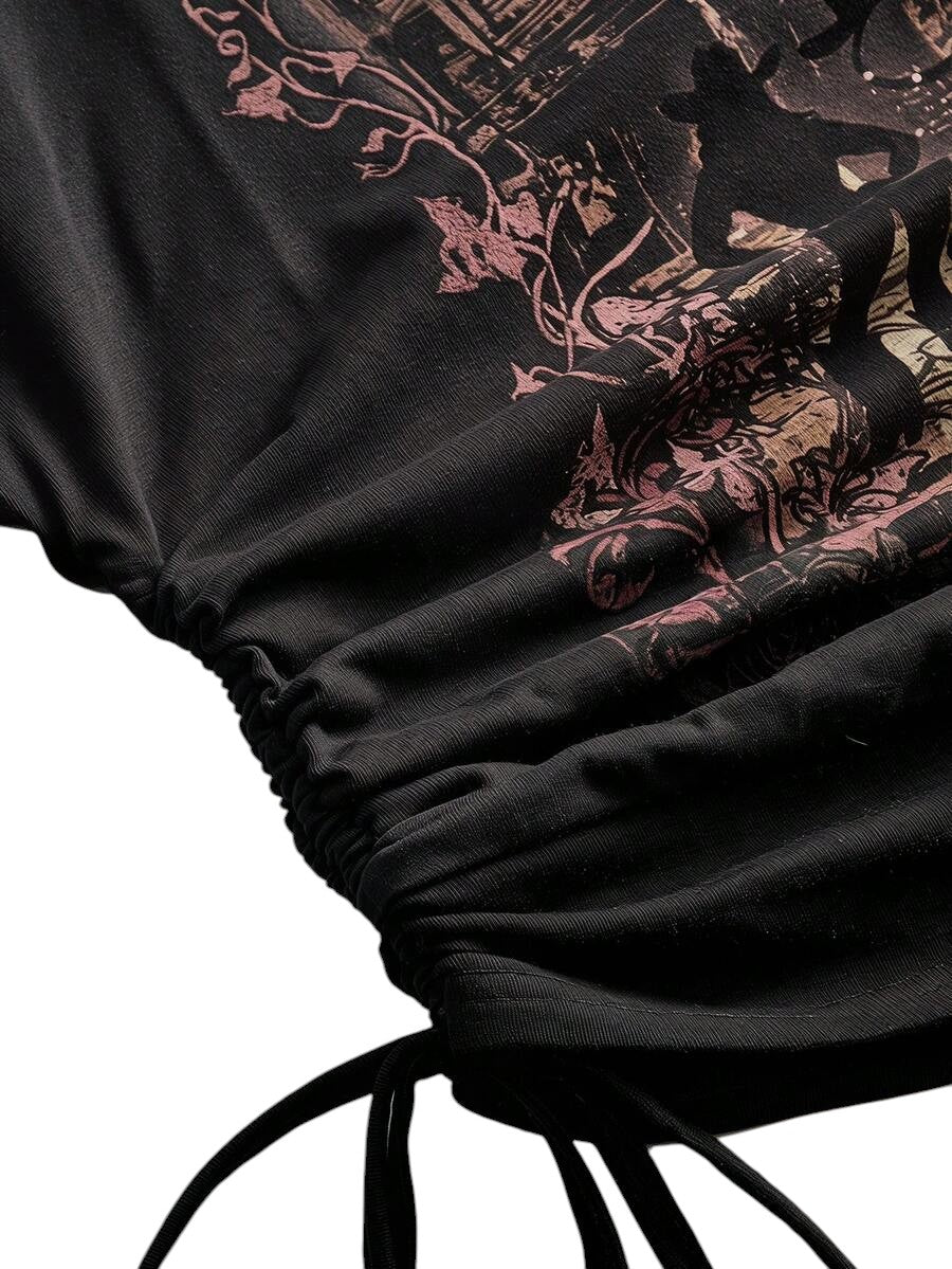 Women's Black Western Cowboy Print Asymmetrical 2-In-1 T-Shirt