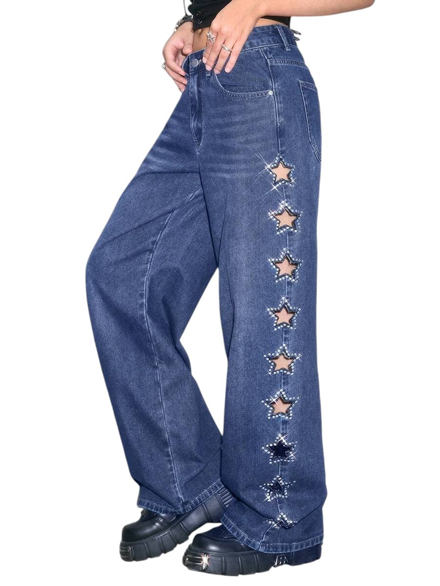 Y2K Star Cutout Rhinestone Distressed Blue Denim Jeans