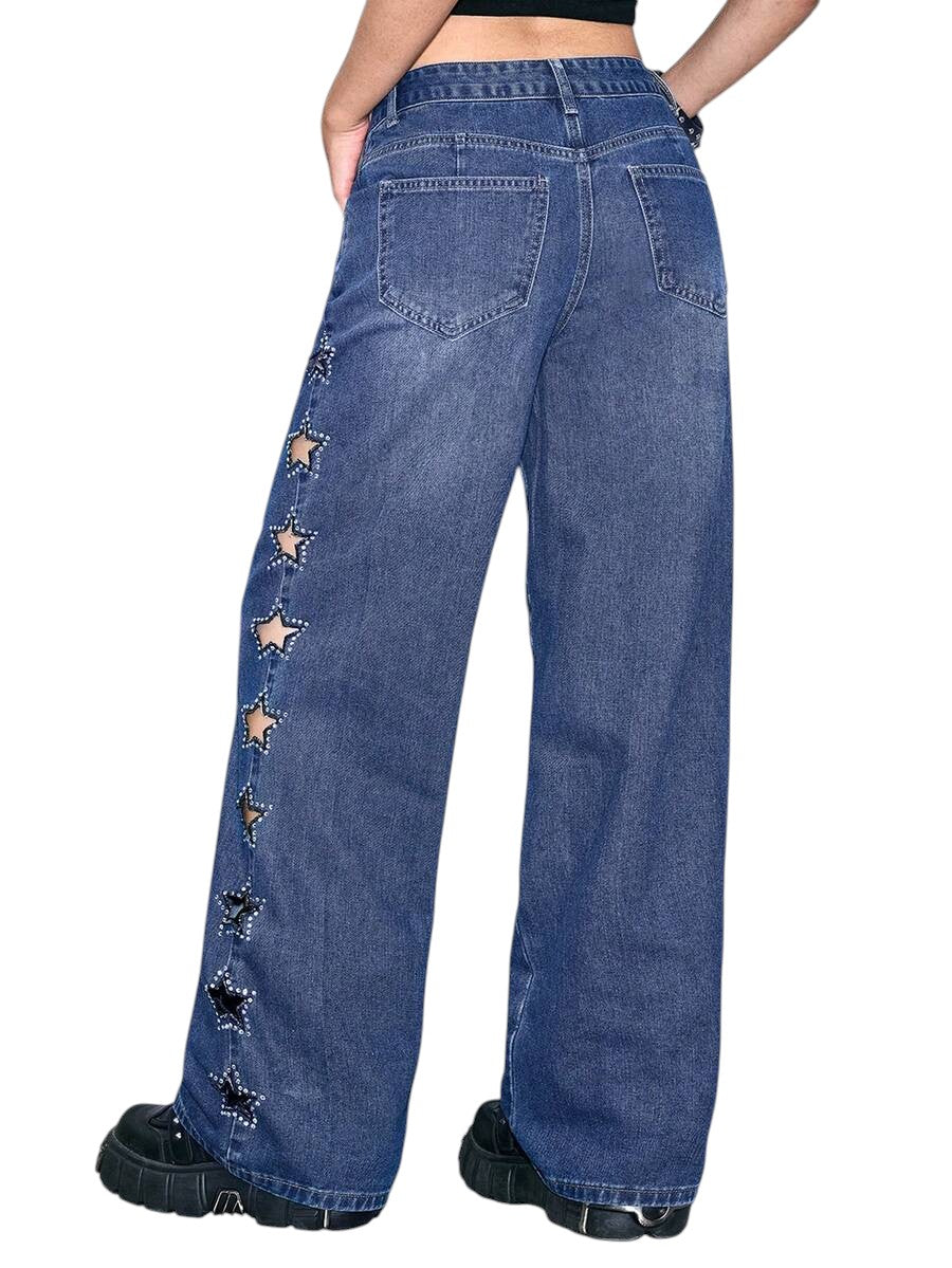Y2K Star Cutout Rhinestone Distressed Blue Denim Jeans