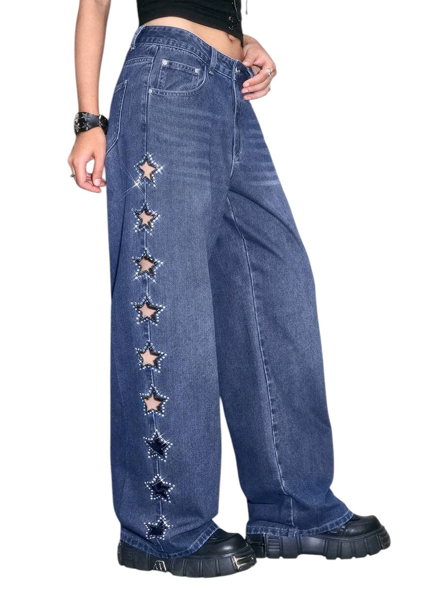 Y2K Star Cutout Rhinestone Distressed Blue Denim Jeans
