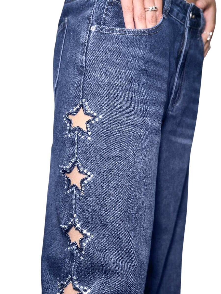 Y2K Star Cutout Rhinestone Distressed Blue Denim Jeans