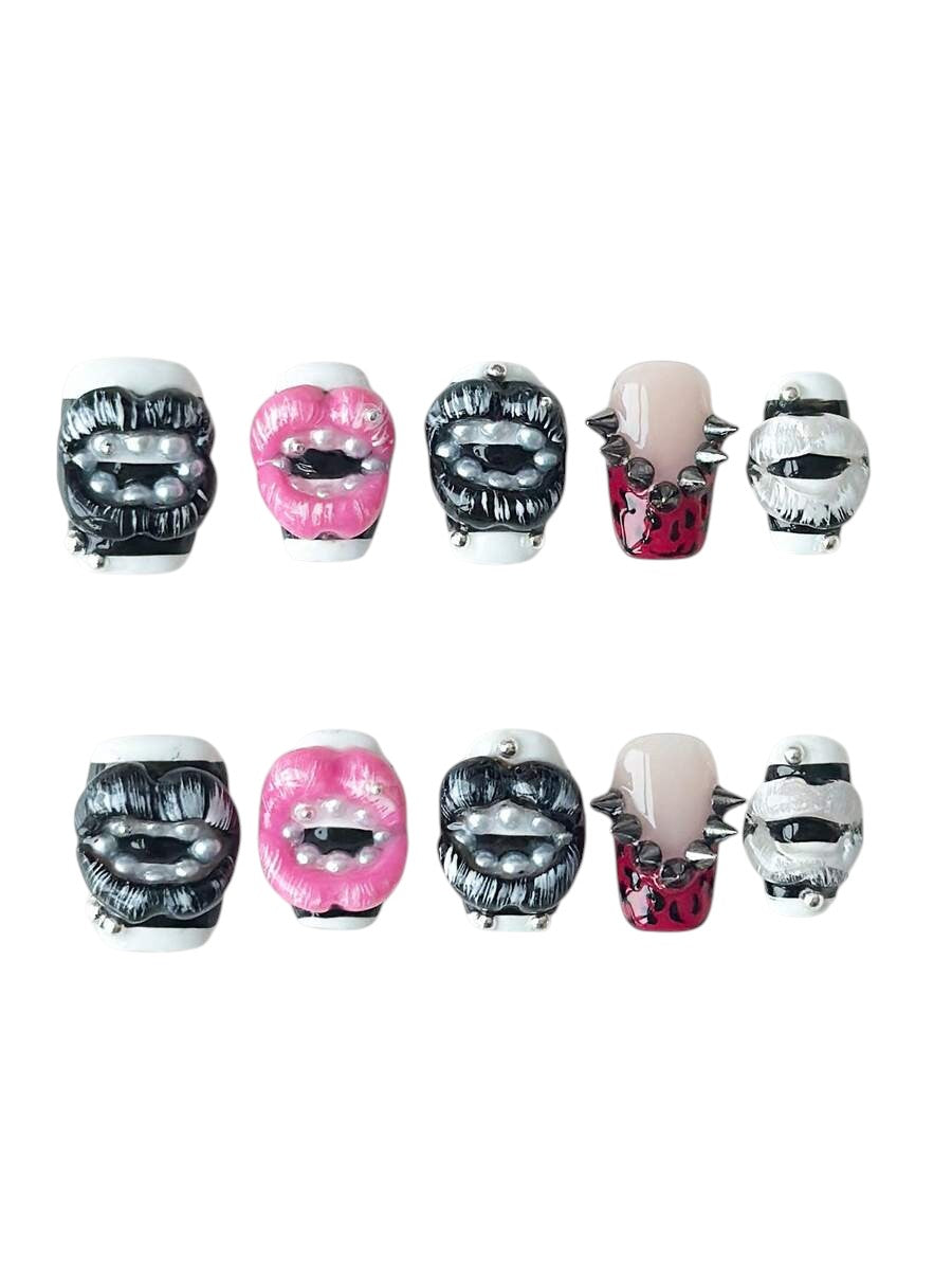 20pcs Y2K Leopard Lip Art Striped Rivet Square Press-On Nails Set
