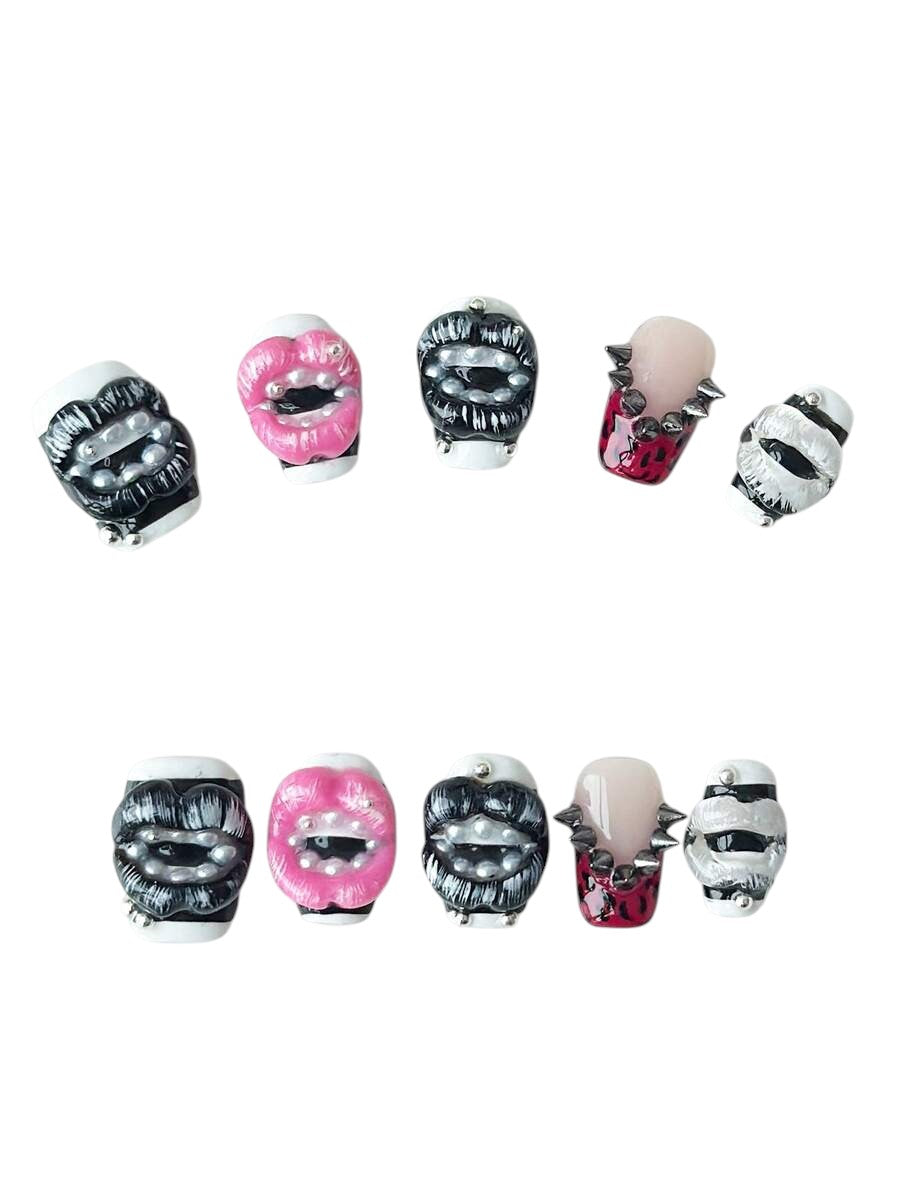 20pcs Y2K Leopard Lip Art Striped Rivet Square Press-On Nails Set