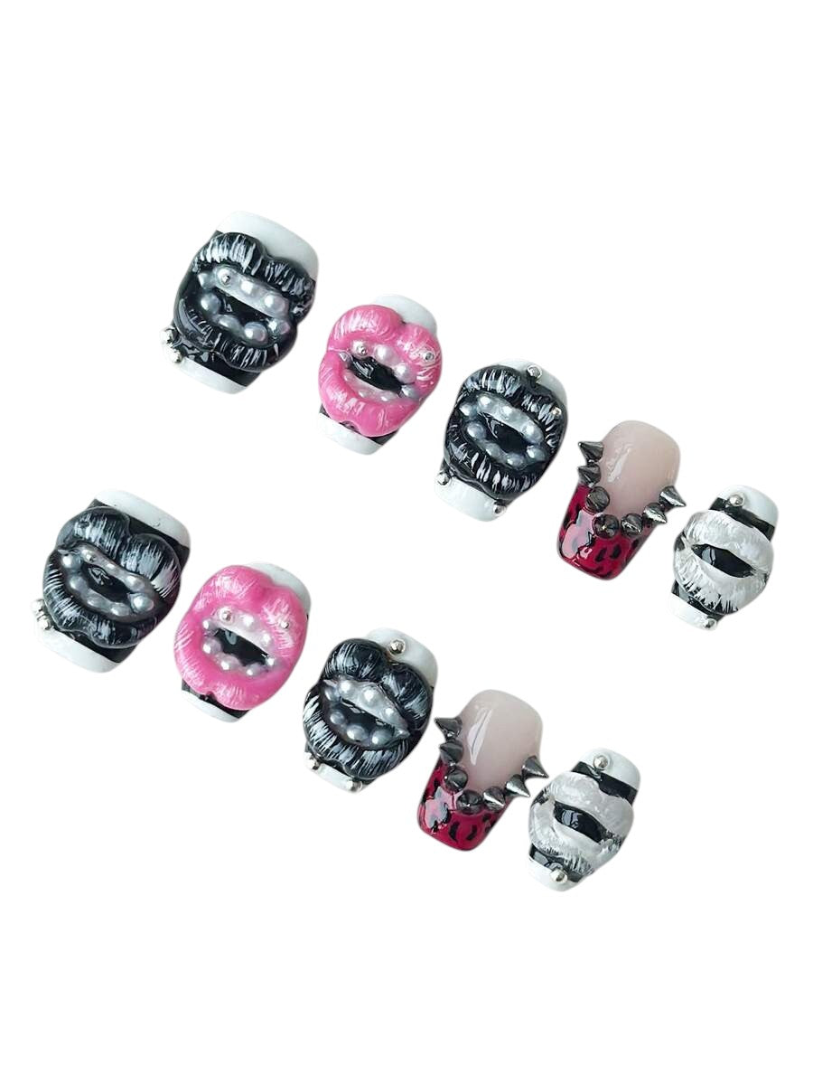 20pcs Y2K Leopard Lip Art Striped Rivet Square Press-On Nails Set