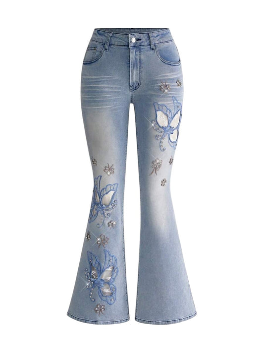 Y2K Distressed Butterfly Embroidered Rhinestone Flare Denim Jeans