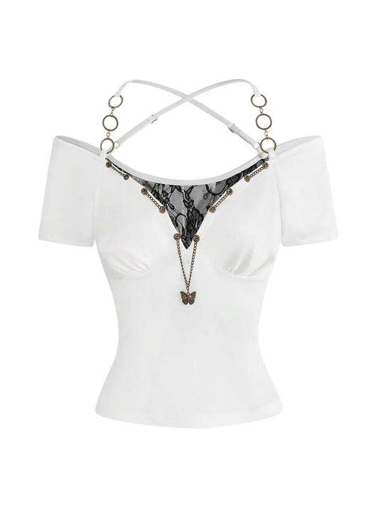 Y2K Lace Back V-Neck Slim Fit Festival Top T-shirt