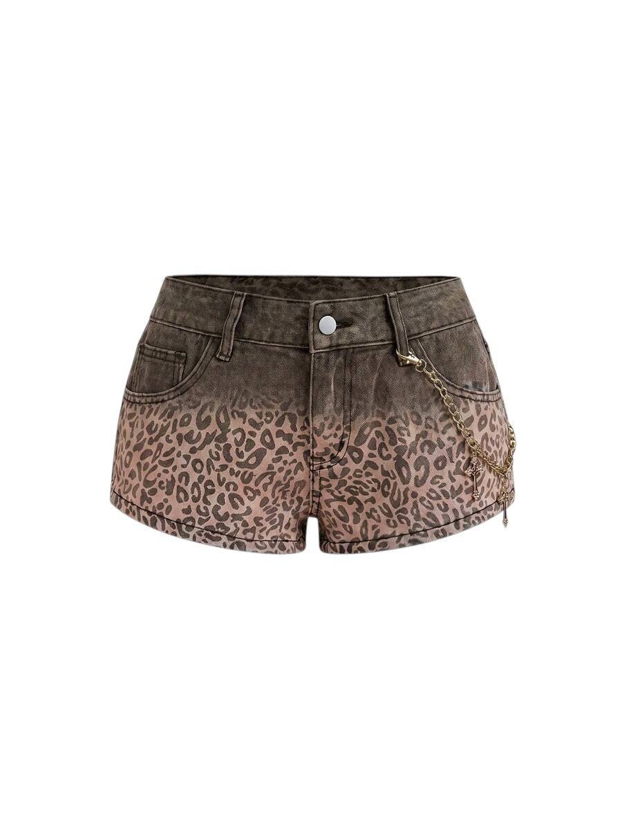 Women's Brown Leopard Print Low-Rise Denim Shorts with Cross Detail