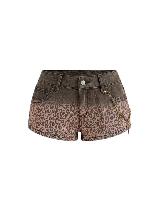 Women's Brown Leopard Print Low-Rise Denim Shorts with Cross Detail