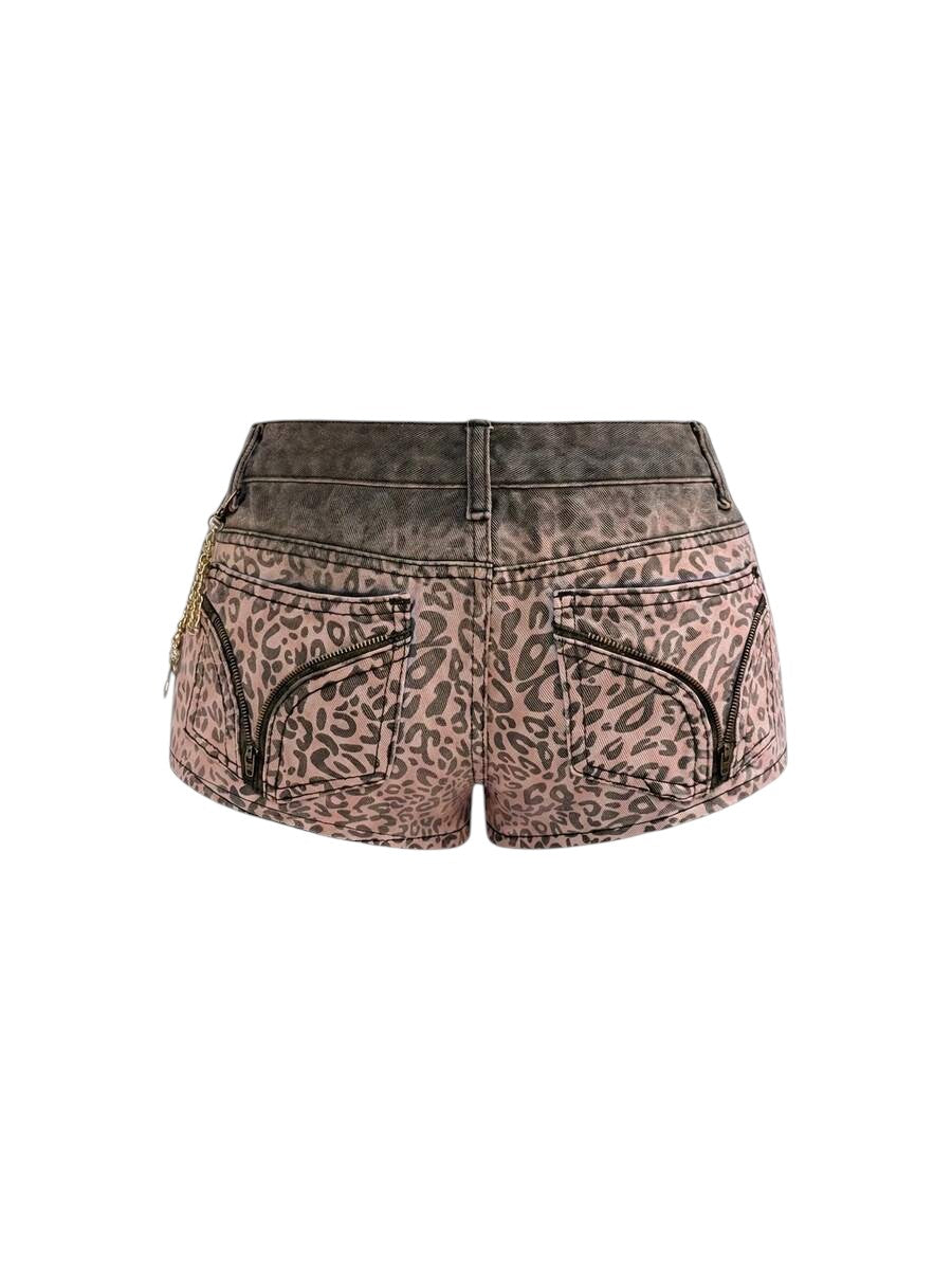 Women's Brown Leopard Print Low-Rise Denim Shorts with Cross Detail