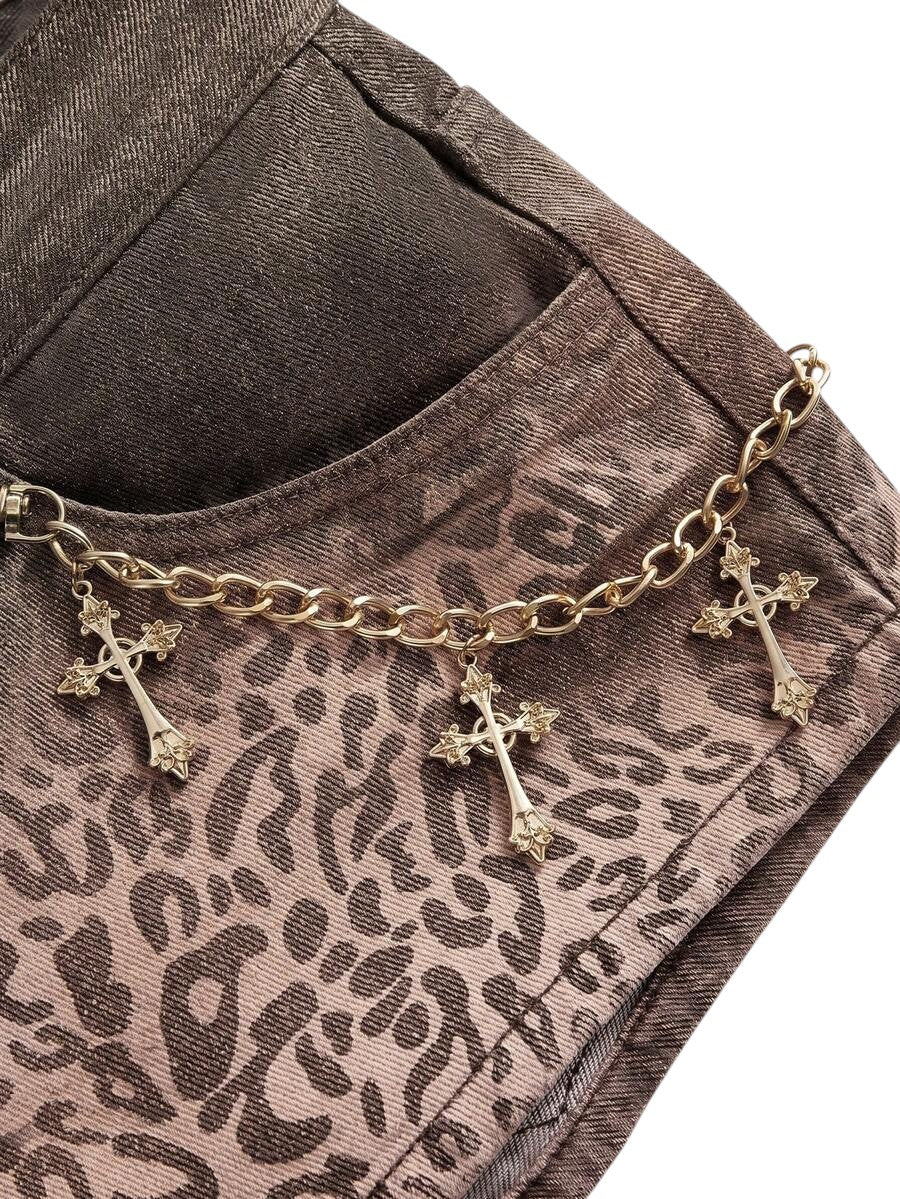 Women's Brown Leopard Print Low-Rise Denim Shorts with Cross Detail