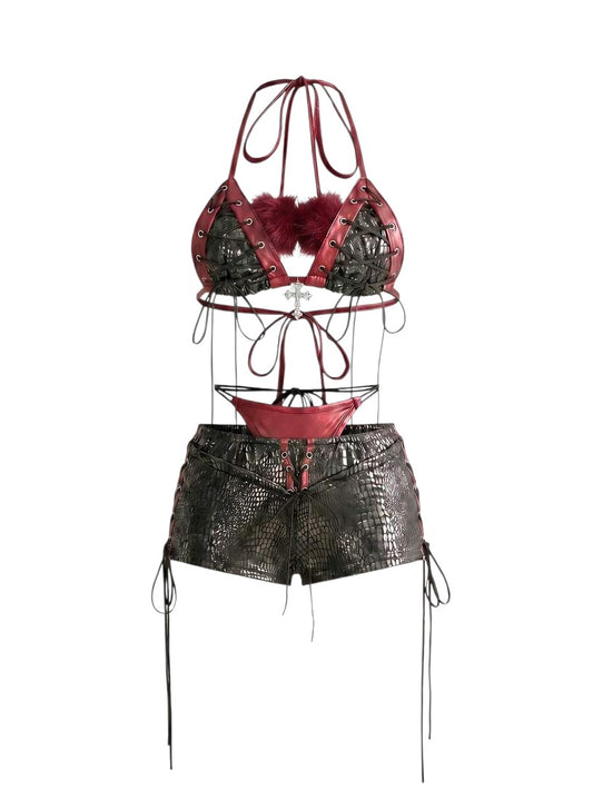 Burgundy Fuzzy Lace-Up Halter Bikini Co-Ord Set with Arm Sleeves