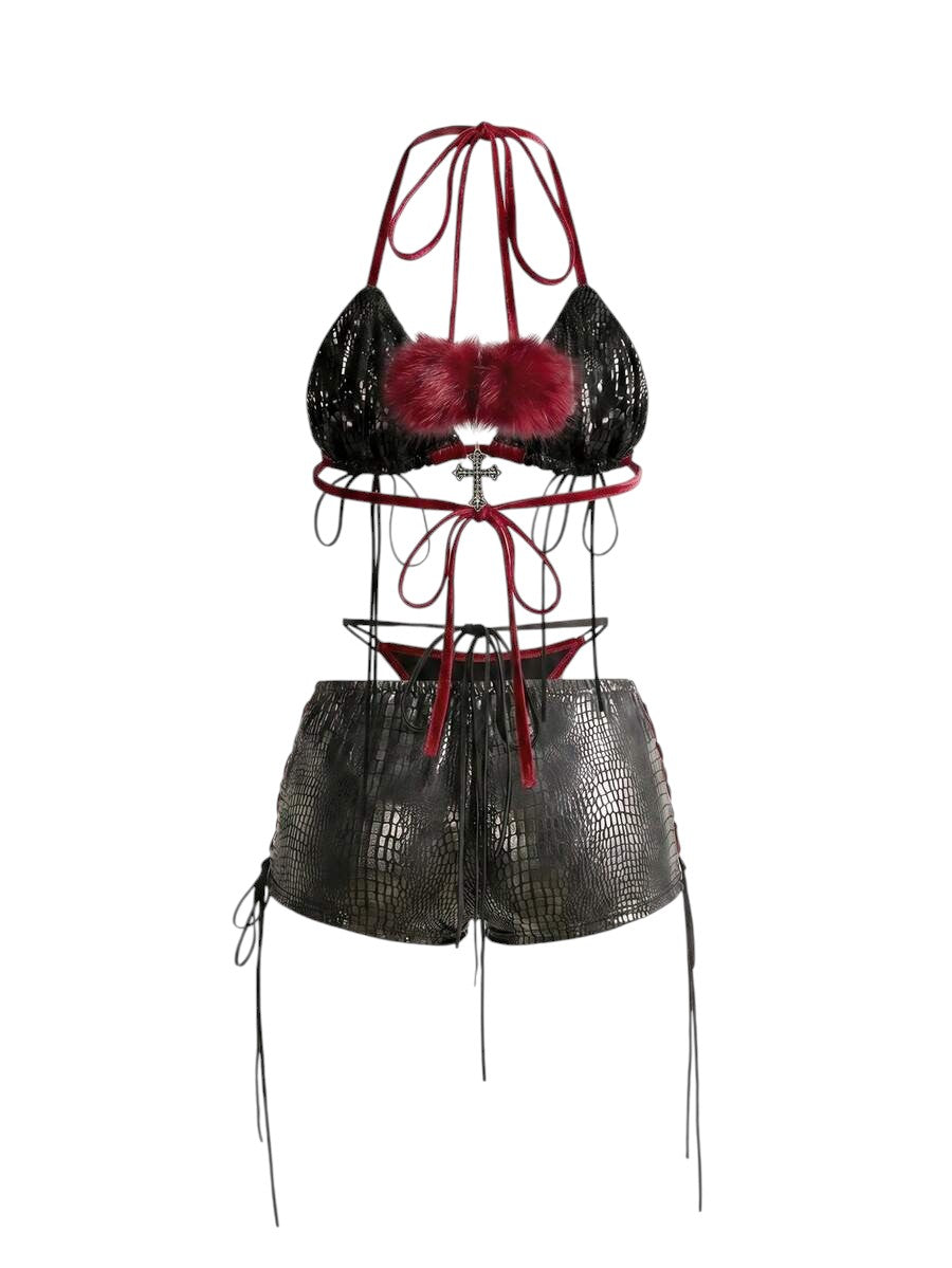 Burgundy Fuzzy Lace-Up Halter Bikini Co-Ord Set with Arm Sleeves