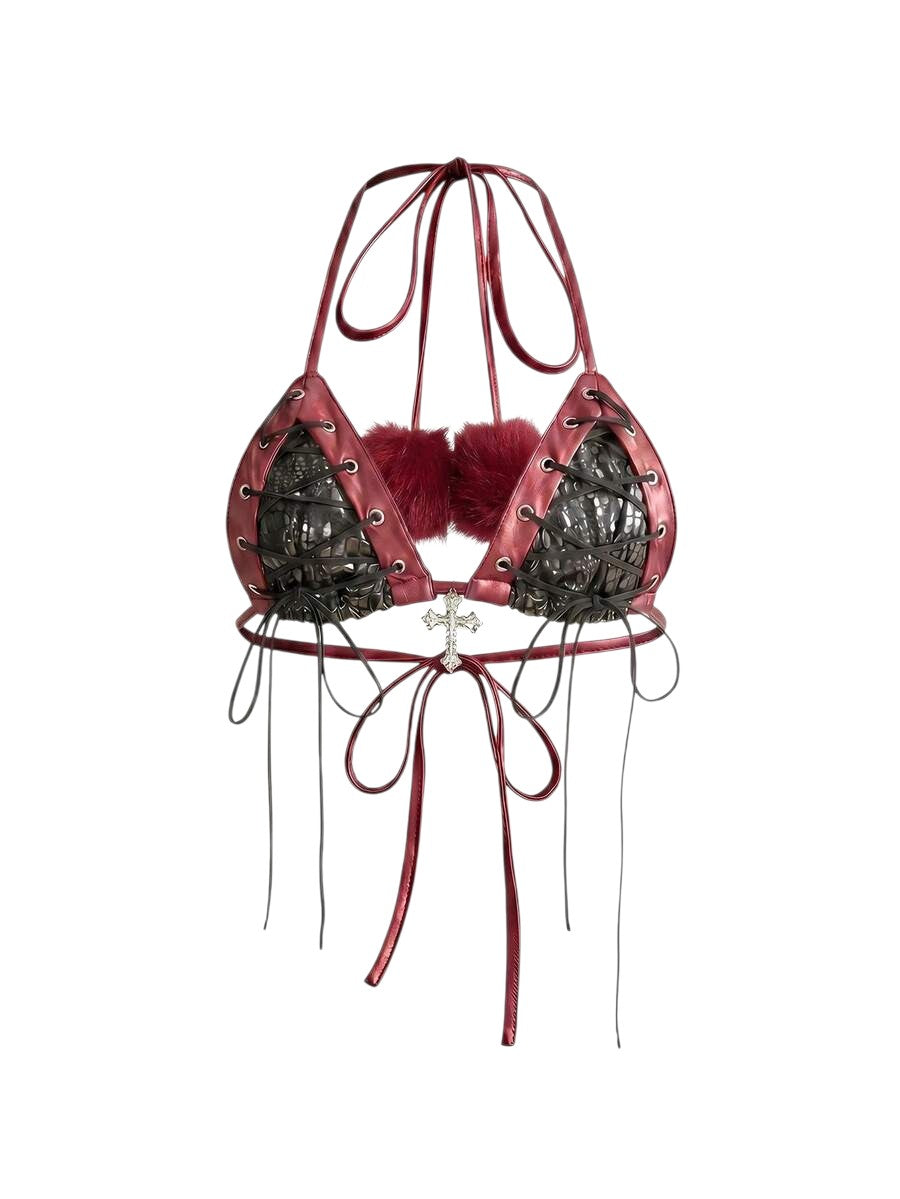 Burgundy Fuzzy Lace-Up Halter Bikini Co-Ord Set with Arm Sleeves