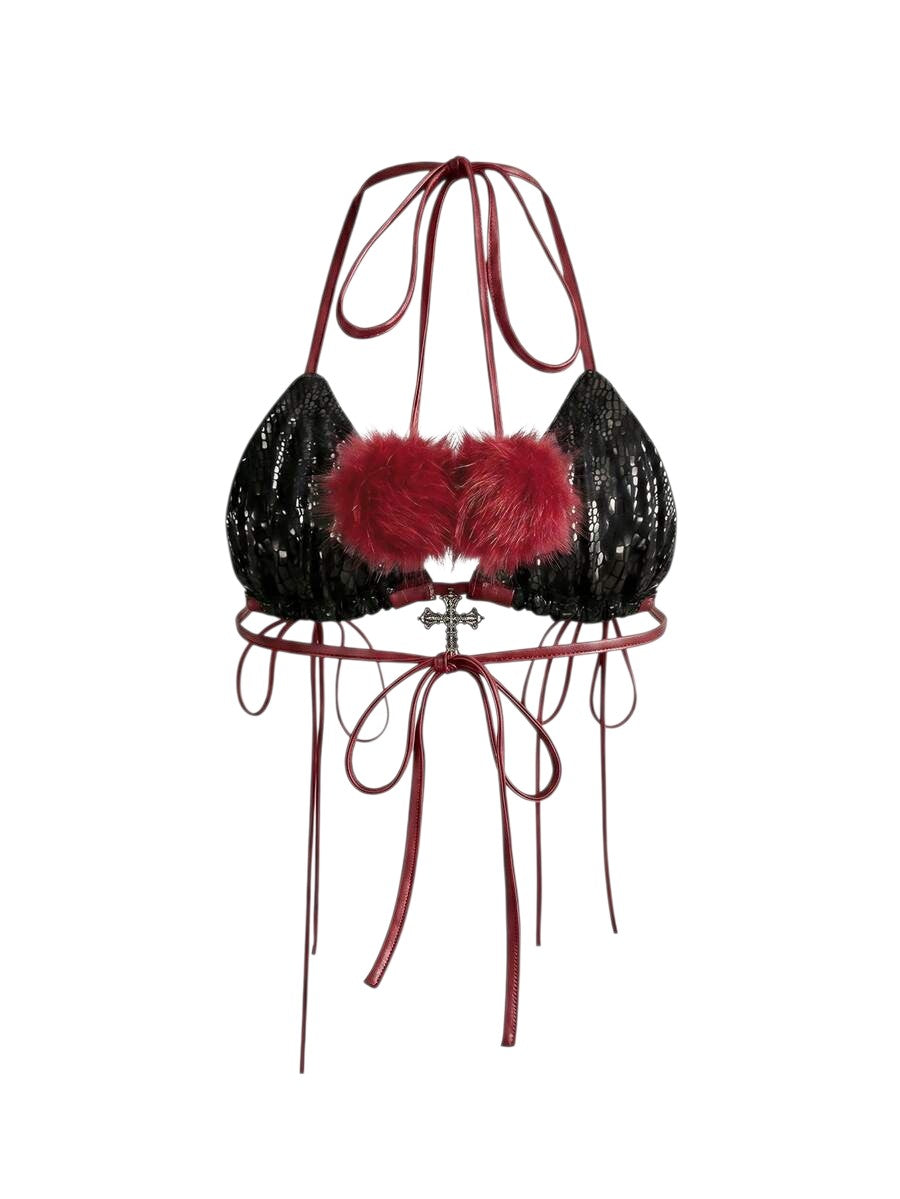 Burgundy Fuzzy Lace-Up Halter Bikini Co-Ord Set with Arm Sleeves