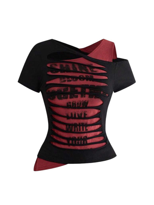 Asymmetric Letter Print Cold Shoulder Slim Fit Y2K Burgundy Top