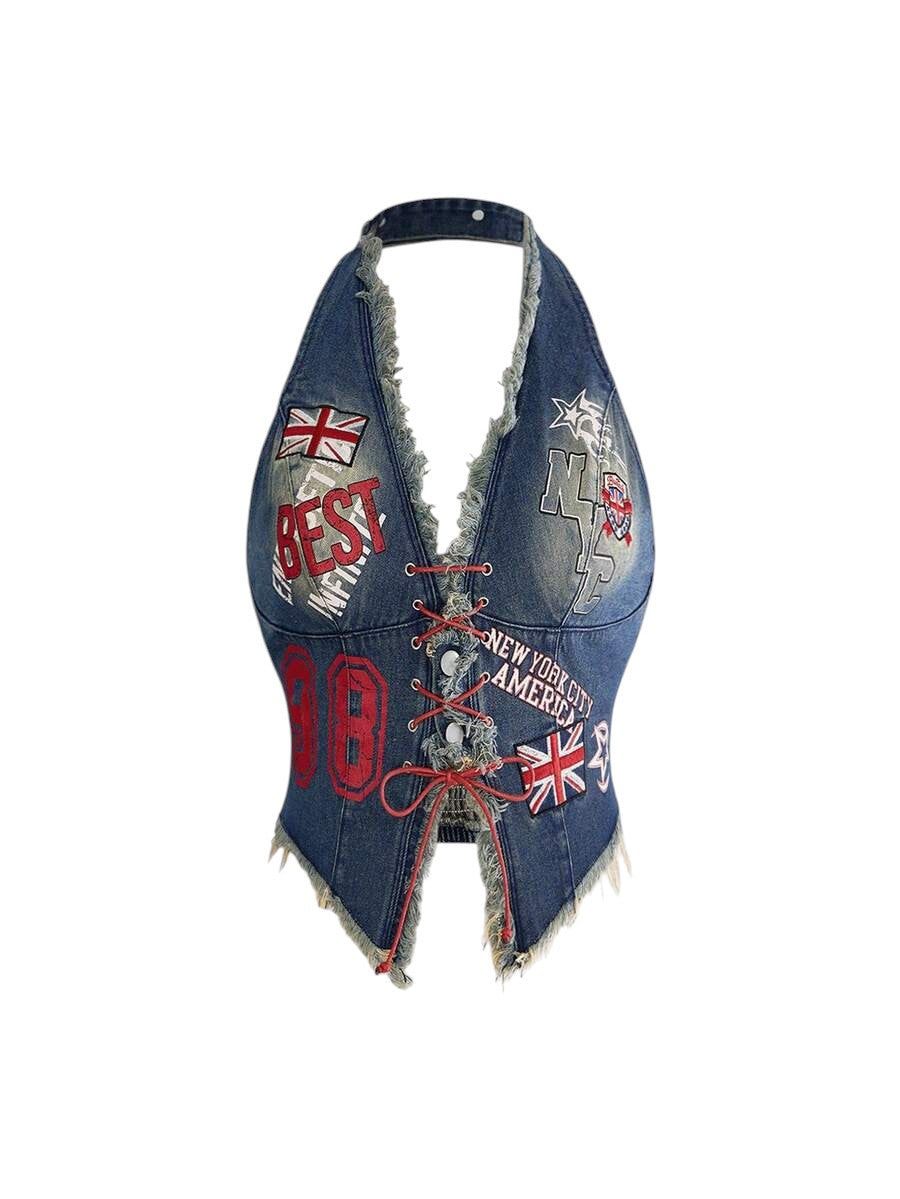 Plus Size Washed Graphic Halter Blue Denim Top with Frayed Hem